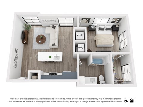 Floor plan for 1 bed, 1 bath, 683 sqft